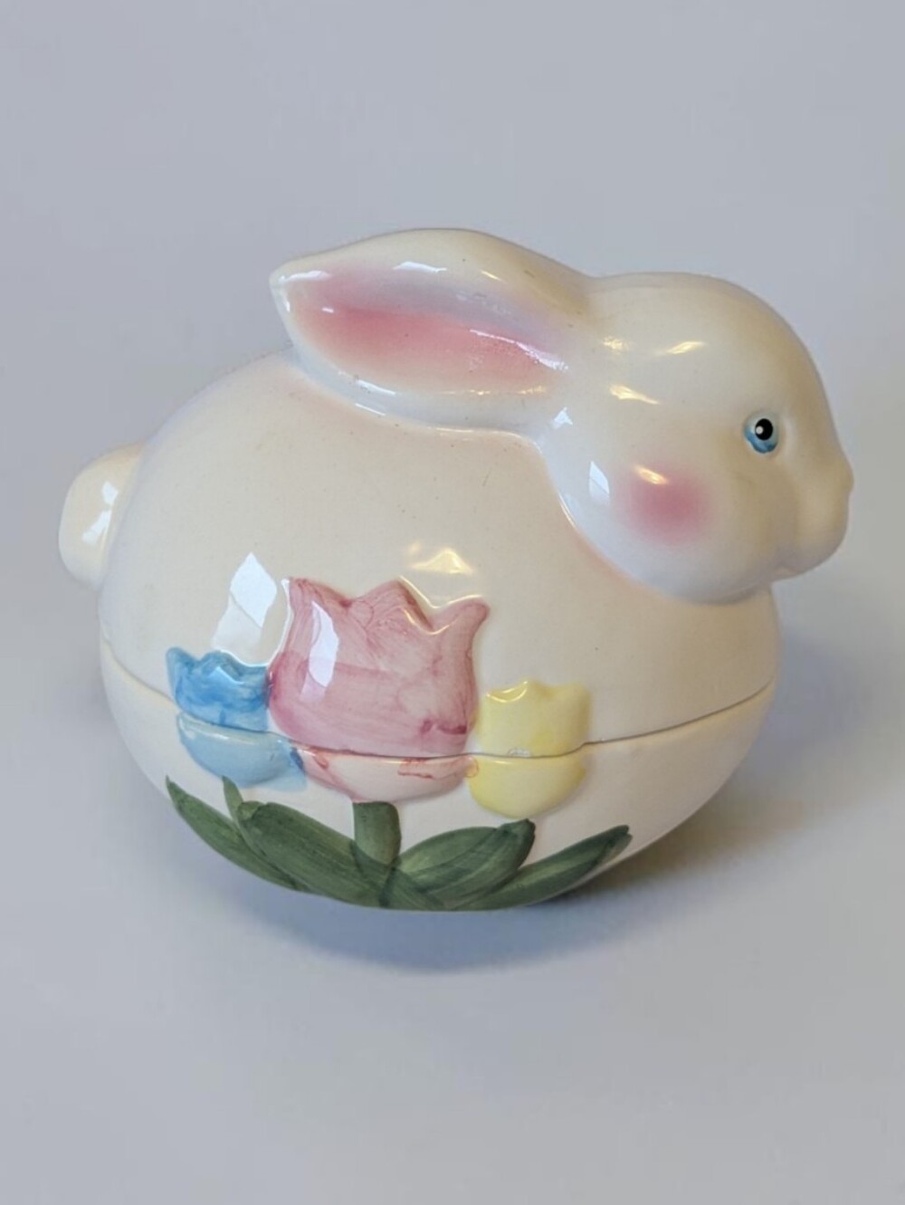 Ceramic Bunny Rabbit Trinket Box Tulip Candy Dish Lidded Pastel Cottagecore